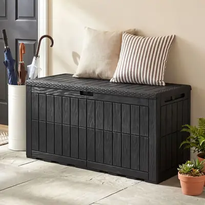 Preisvergleich für Costway Wetterfeste Auflagenbox 380L Outdoor Aufbewahrungsbox mit Abschließbarem Deckel Schwarz, aus Kunststoff