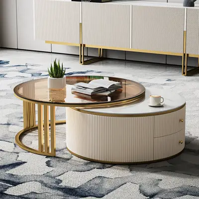 Preisvergleich für Couchtisch rund aus Metall und Glas in Weiß und Gold, drehbar mit Nesting-Design und Schubladen, 80 cm moderner Wohnzimmertisch,