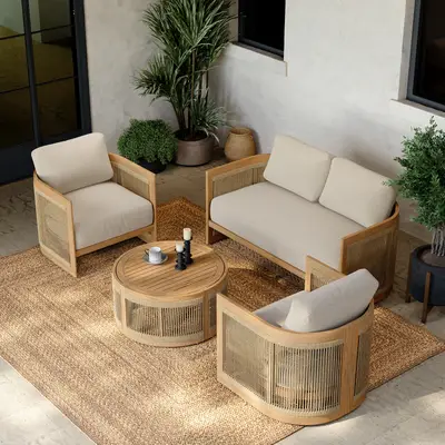 Preisvergleich für Gartenmöbel-Lounge-Set aus Teakholz und Rattan, wetterfeste Sitzgruppe für 4 Personen in Beige und Braun, Boho-Stil für, BxT 1x1 cm