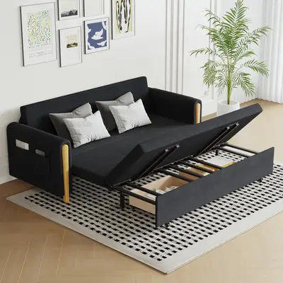 Preisvergleich für Schlafsofa aus Leinen in Schwarz mit Bettkasten und ausziehbar, 3-Sitzer Bettsofa, 208 × 191 cm, BxHxT 76x208x81 cm, aus Stahl