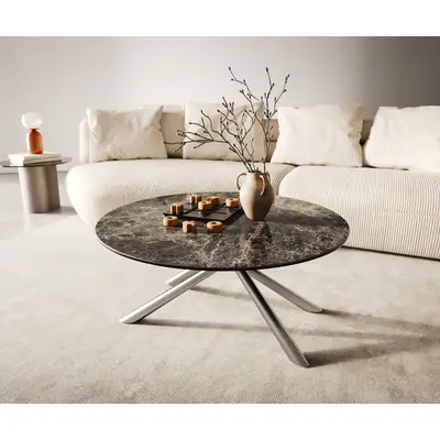 Preisvergleich für Couchtisch Edge Rund 90x90 cm Keramik Emperador Extra Lucidato Dunkelbraun Sarity Edelstahl gebürstet, BxHxT 90x42x90 cm, aus