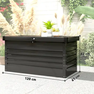 Preisvergleich für Outsunny Gartenbox Metall 450L Kissenbox mit doppelwandig Deckel Handschuhe 120x61x62 cm Wasserabweisend Abschließbar Auflagenbox, BxHxT 120x62x61 cm, in der Farbe Grau, aus Stahl