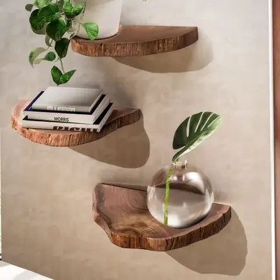 Preisvergleich für FineBuy Wandregal 3er Set Akazie Vollholz Hängeregal Baumscheibe, Natur Pflanzentreppe für die Wand, Schweberegal Hängend, in der Farbe Braun