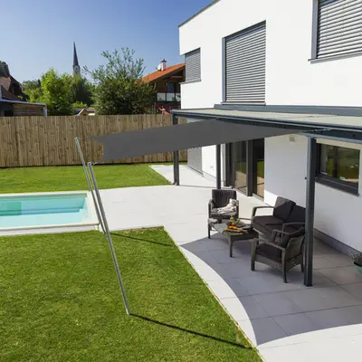 markisen pavillon Willood Garten Markise Anthrazit 4x3 m 180 g/m² Stoff und Stahl Schlafsack und Kissen - james baroud Seite:Beifahrerseite