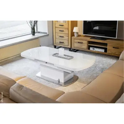Preisvergleich für Couchtisch Levi weiß Hochglanz lackiert B/H/T: ca. 135x50x75 cm