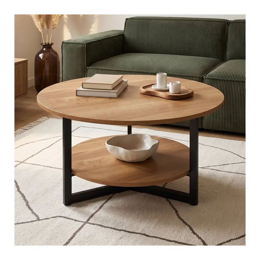 Preisvergleich für skølm Couchtisch Drakkar aus Massivholz Eiche, Tisch mit Metallgestell (Natur), Wohnzimmertisch Ø70 cm mit 2 Ablageflächen, in der