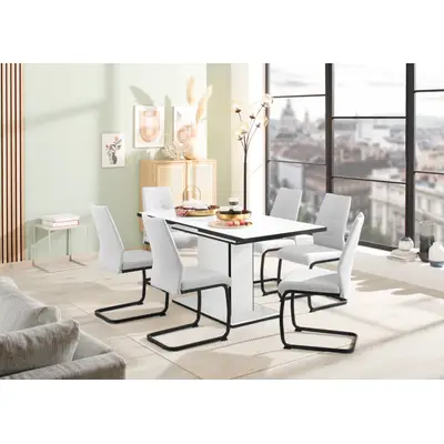 Preisvergleich für HELA Essgruppe Ariana, Esstisch mit 6 Stühlen, ausziehbarer Küchentisch Set, 1 Tisch ausziehbar / 6 Stühle, 7 Stk. tlg., BxHxT 120x6x160 cm, in der Farbe Grau, aus Metall