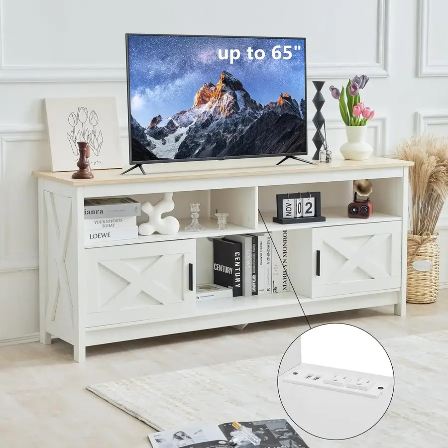Furologee TV-Ständer Für Bis 55 Zoll Fernseher – Entertainment Center Mit Offenen Ablagen & Soundbar-Regal In Weiß