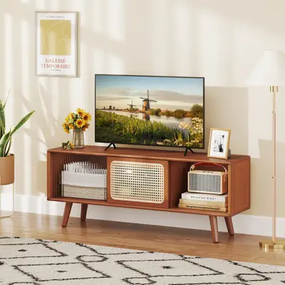 Preisvergleich für Costway Bambus TV Schrank mit Rattan- & Glasschiebetür TV Lowboard Fernsehtisch Fernsehschrank Braun, aus Glas