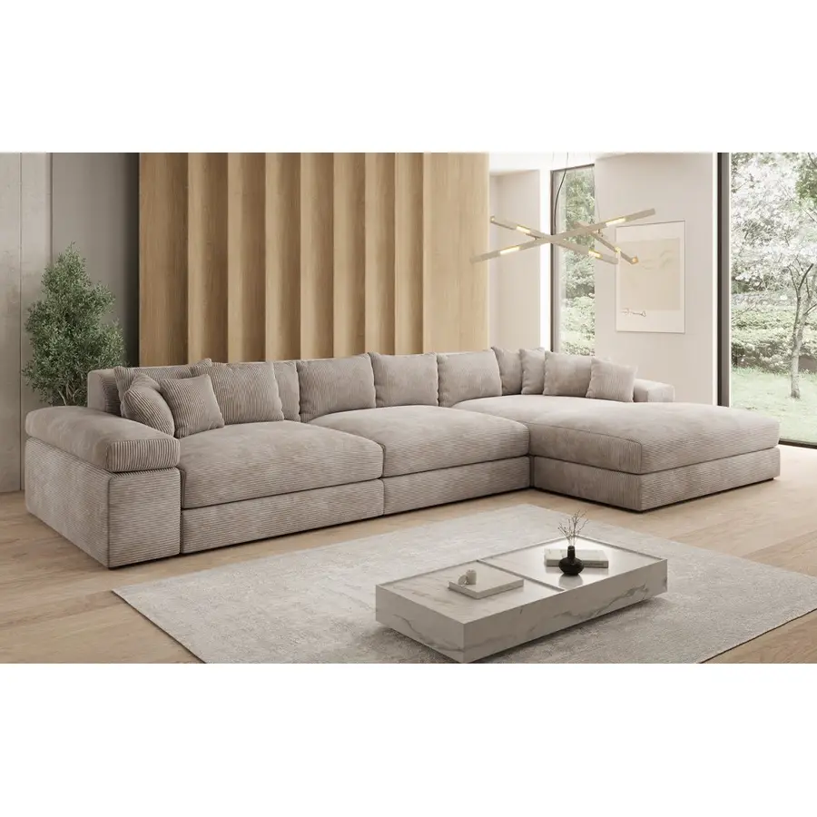Preisvergleich für Luxusbetten24 Sofa Designer Sofa Bernardo L Maxi in Cord, mit breiter Ottomane, in der Farbe Beige