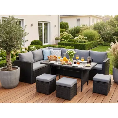 Preisvergleich für MeXo Loungeset Gartenlounge Set für 8 Personen wetterfest, (Esstisch breit 132x76x67cm, 7-tlg., Belastbarkeit pro Sitzplatz, in der Farbe Schwarz, aus Polyrattan