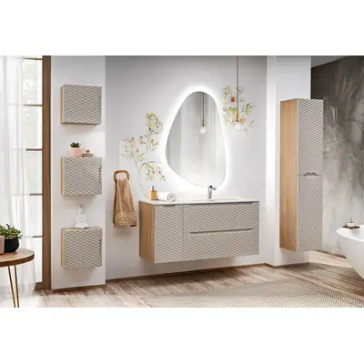 Preisvergleich für Badmöbel Set 7-tlg Badezimmerset LAXY Eiche Beige Regal links inkl. Waschtisch