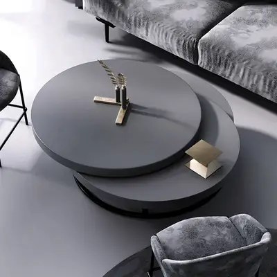 Preisvergleich für Couchtisch rund aus Holz in Dunkelgrau mit Schublade, ausziehbar und drehbar, 80 cm moderner Wohnzimmertisch, aus Stahl