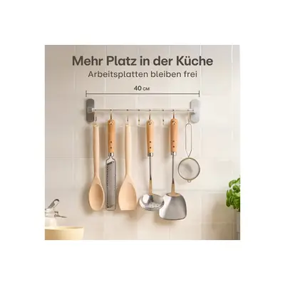 Praknu Hakenleiste Hakenleiste Küche ohne Bohren 40 cm mit 8 Haken – Küchenreling Wand, (Set, 8 St., 1 selbstklebende Hakenleiste 40 cm aus Aluminium