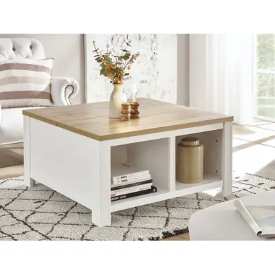 Preisvergleich für OTTO home Couchtisch Westminster, Beistelltisch, Wohnzimmertisch, Sofatisch, Tisch Metallgriffe, ausreichend Stauraum, in, BxHxT 93x93x50 cm, in der Farbe Weiss, aus Pinie