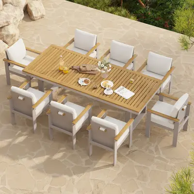 Preisvergleich für Tevara Terrassen-Esstisch rechteckig aus Teakholz & Aluminium, moderne Garten- und Terrassenmöbel für 6-8 Personen, passender