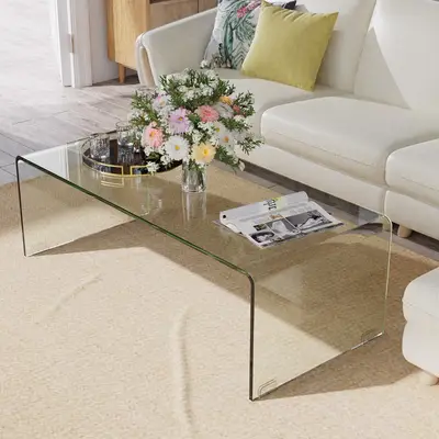 Preisvergleich für Costway Couchtisch Glastisch U-förmiger Beistelltisch aus Gehärtetem Glas 108 x 50 x 35 cm, BxHxT 50x35x108 cm, Durchsichtig