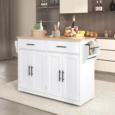 Preisvergleich für DRIXNO Kücheninsel Küchenschrank mit arbeitsplatte mit Klappbarer Tischplatte, 120x46(70) x91 cm, Weiß mit Rollen und austauschbaren, BxHxT 120x91x46 cm