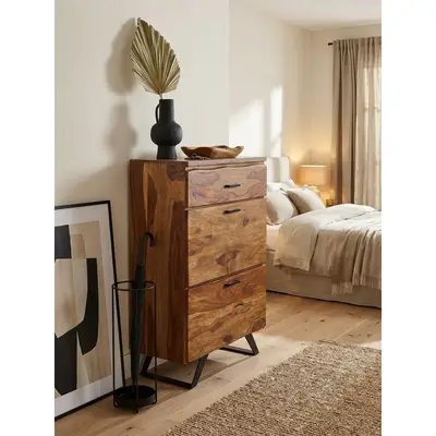 Preisvergleich für Kommode – Massivholz/Metall, 80x120x41,5 cm, mit Baumkante, hoch, 3 Schubladen, BxHxT 80x120x42 cm, aus Holz