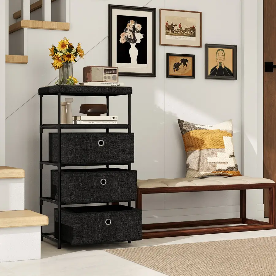 WANGIRL Stoffen commode slaapkamer, 4 laden opbergunit met stevig stalen frame, dressoirladen voor slaapkamer, woonkamer, hal, kantoor en kast - zwart