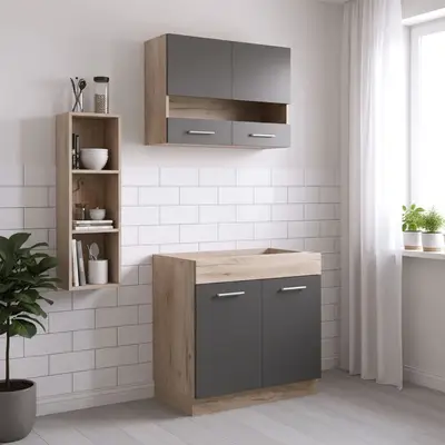 Homestyle4u Küchenzeile ohne Geräte 80 cm klein Singleküche matt Grau Eiche Glas-Oberschränke, (Oberschränke, Unterschränke), Küchenblock mit