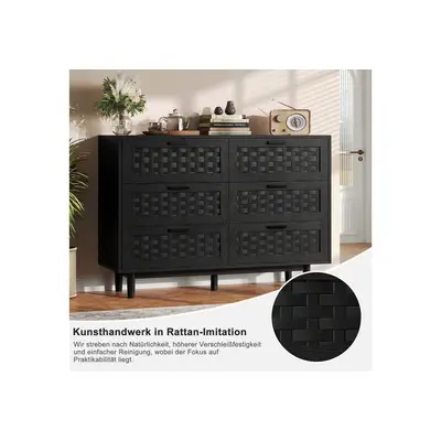 zebery Kommode mit 6 Schubladen Sideboard Schubladenschrank (Holz Schrank), modern Schubladenkommode,Schwarz,Gewebte Paneele