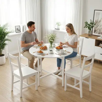 Preisvergleich für HOMCOM Klapp-Esstisch, runder Küchentisch Ø 80 cm für 4 Personen mit 2 Klappen, Stahlgestell, modernes Design, für kleine, BxT 80x80 cm, in der Farbe Weiss