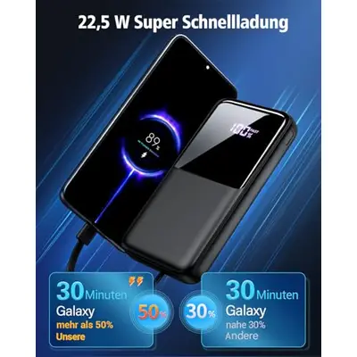 Powerbank 26800mAh Mit Solar & Wireless – 30W Schnellladung, 7 Ausgänge, 4 Integrierte Kabel