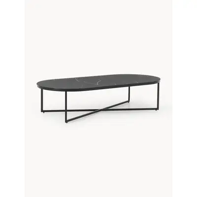 Preisvergleich für Ovaler Couchtisch Antigua mit Glasplatte in Marmor-Optik, in der Farbe Schwarz, aus Metall
