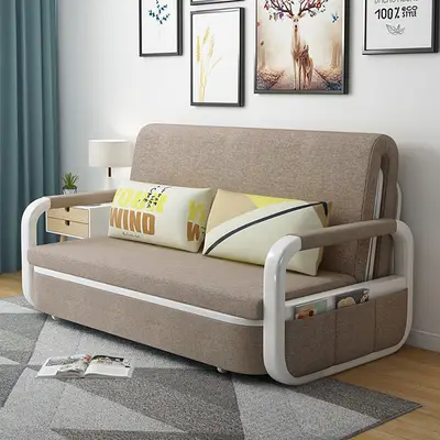 Preisvergleich für Schlafsofa aus Leinen und Baumwolle in Khaki, ausziehbar mit Bettkasten, 190×158 cm 2-Sitzer Bettsofa